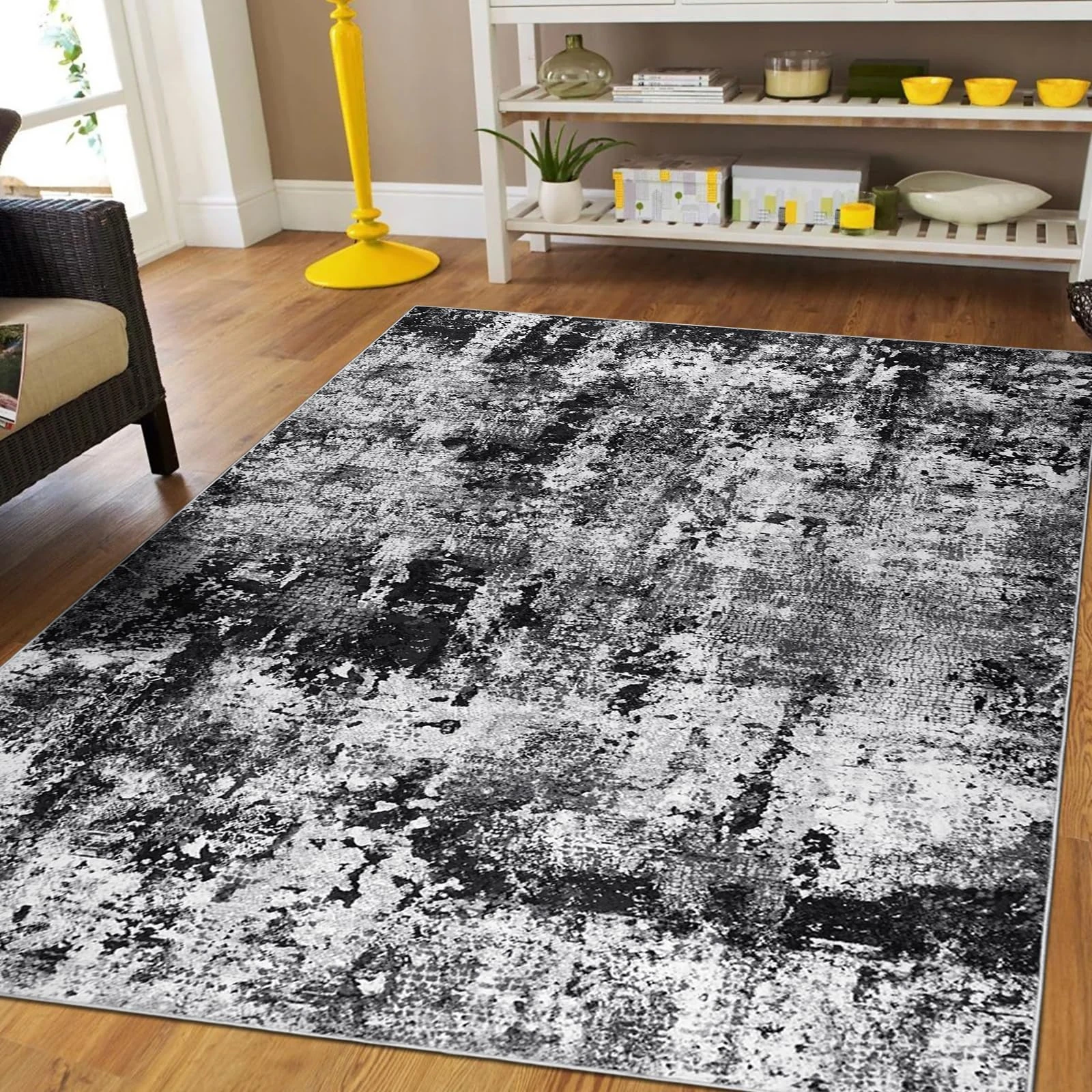 Capslpad Black Abstract Area Rug 120x180cm Modern Short Pile Soft Faux Wool Living Room Rug Washable Indoor Rug Non Slip Minimalist Floor Mat Rugs for Living Room Bedroom Office Area Kitchen Decor