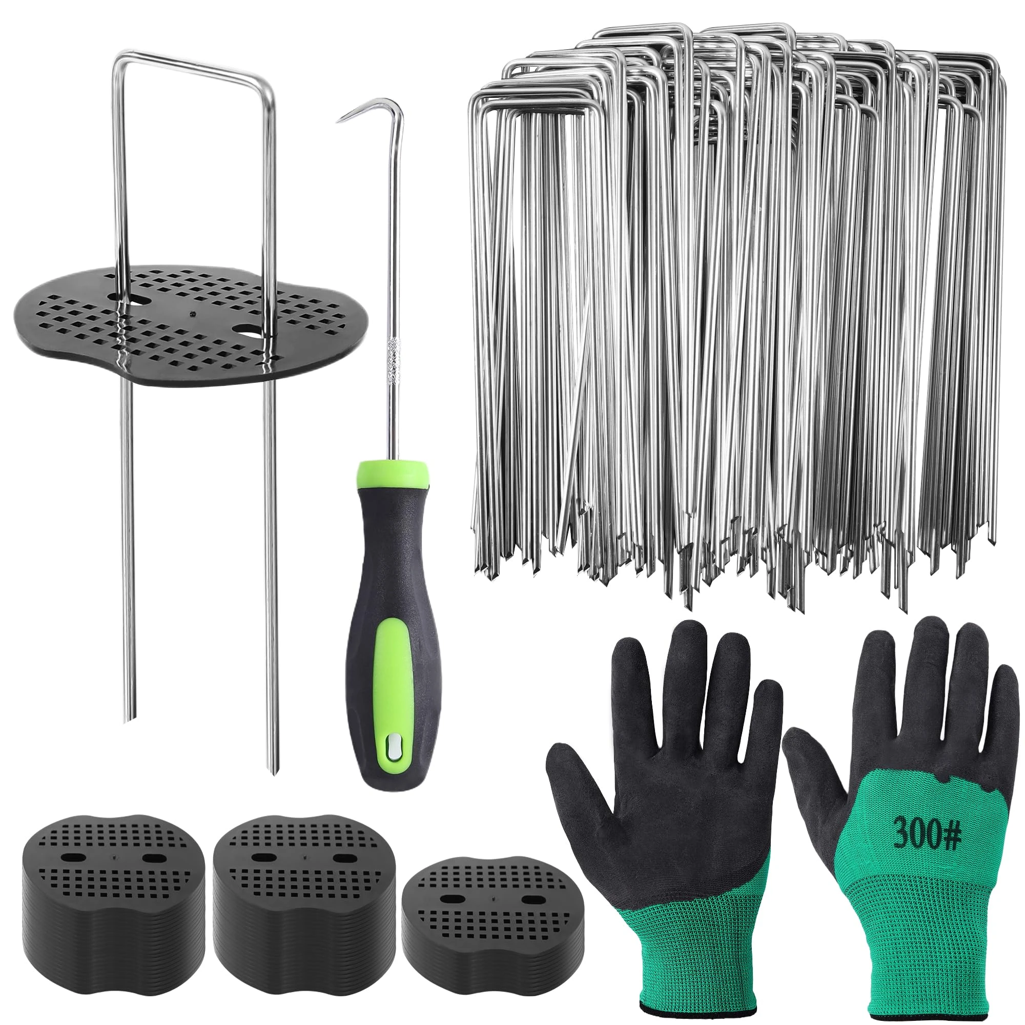 HuiCloud 50 Weed Control Membrane Pegs + 50 Buffer Washer, Heavy Duty Metal Ground Pegs Set with Hook and Gloves for Garden Landscape Weed Barrier Cover Artificial Grass Pins Ground Moss Fabric