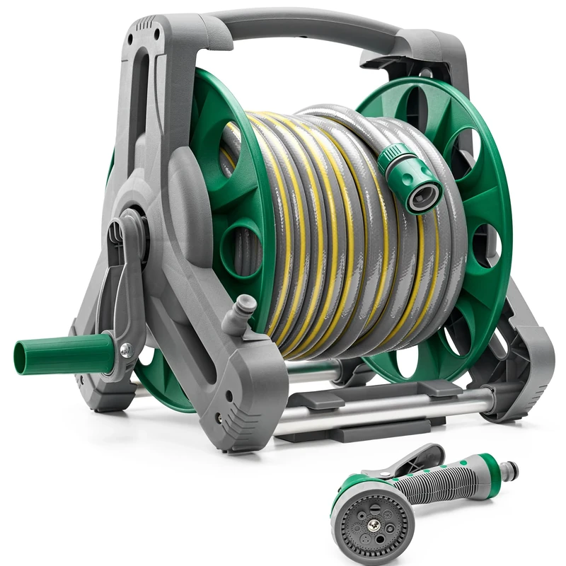 Garden Hose Reel 25M (ø 15 mm), 2-in-1 as Free Standing or Wall Mounted Garden Hose, Complete with Hose Guide, Nozzle and Fittings, Robust Frame for Stability, Compact Hose Reel Flexibility Use