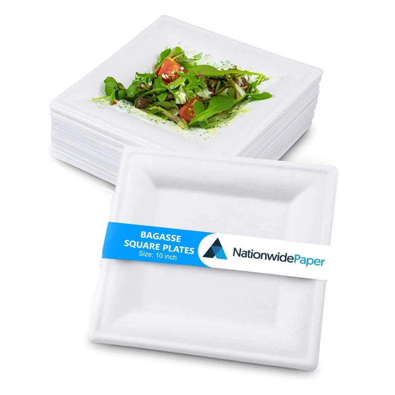 Nationwide Paper 10 Inch Disposable Plates, Square White Biodegradable Paper Plates, Reusable Super Rigid Takeaway Bagasse Sugar Cane Strong Party Plates (500 Pcs)