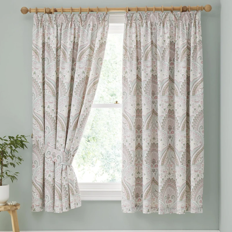 Dreams & Drapes - Green Jacobean Curtains - 66 x 72 (168cm x 183cm) - Moroccan Bohemian Panels in Green - Exotic Persian Style Pencil Pleat with Tie-Backs.