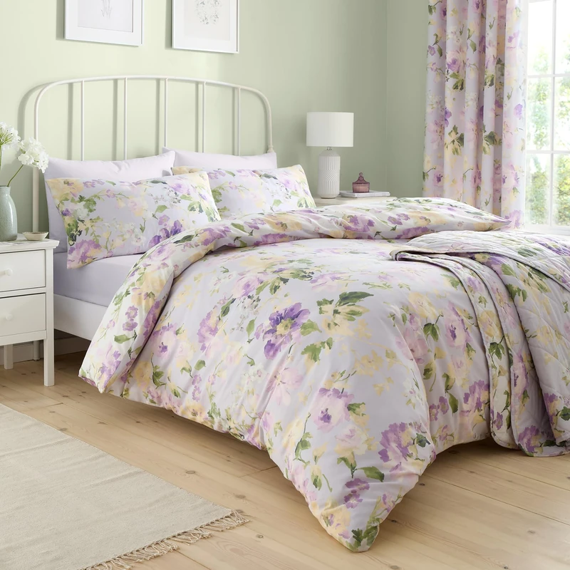 Dreams & Drapes - Heritage Florette Duvet Cover - Super King Bedding Size (260 x 220cm) - 2 Pillowcases - Premium PolyCotton - Floral Duvet Cover in Lilac Purple - Purple Bedding with Flowers