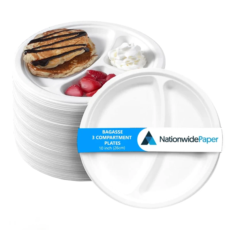 Nationwide Paper Strong Round 3 Compartments White Paper Plates (10 Inch) 100% Compostable Heavy-Duty Eco-Friendly Disposable Bagasse Plates, Made of Natural Sugarcane Fibers - Pack of 500