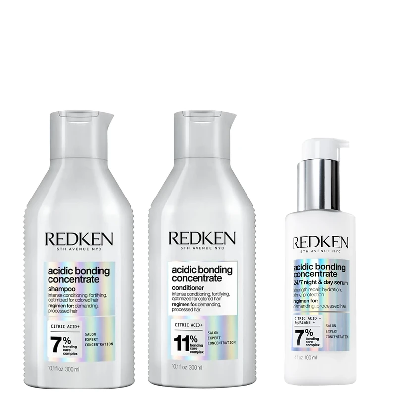 Redken Acidic Bonding Concentrate Shampoo 300ml, Conditioner 300ml and 24/7 Night & Day Serum 100ml, Overnight Hair Repair Set for Damaged Hair