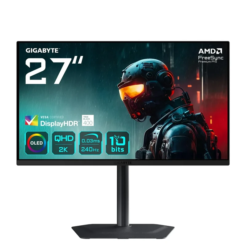Gigabyte MO27Q2 27" OLED QHD Gaming Monitor - 2560 x 1440, 240Hz, 0.03ms, 250 cd/m², Display HDR True Black 400, HDMI 2.1, DisplayPort 1.4