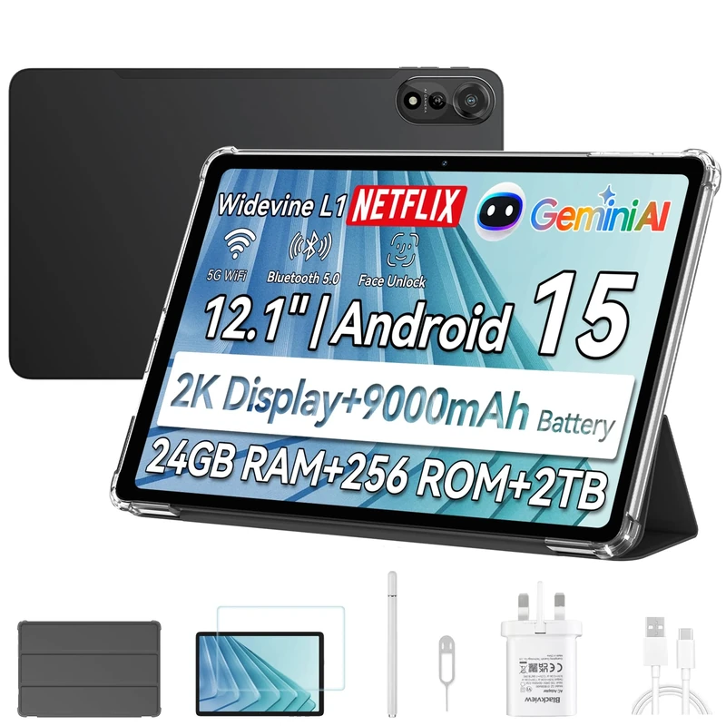 Blackview 12 inch Tablet Android 15 Gaming Tablet with SIM Card Slot, Pen, 24GB + 256GB (Up to 2TB), 2.4K 120Hz FHD+ IPS Display, 9000mAh/33W, 8MP + 16MP AI Camera, 5G WiFi, GPS- MEGA 2