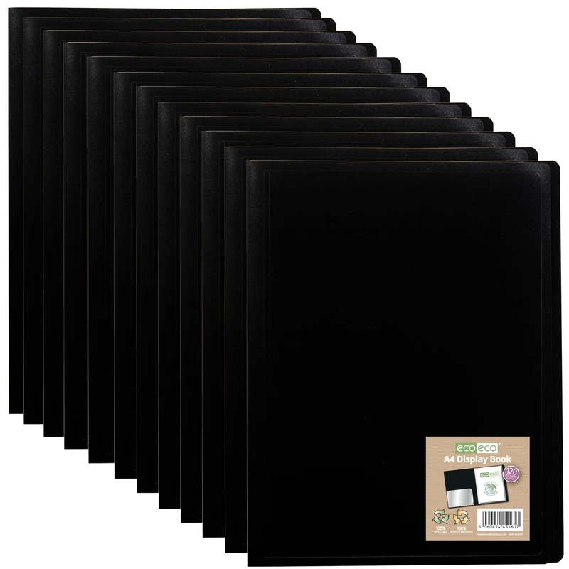 eco-eco A4 100% Recycled 120 Pocket Black Flexible Cover Portfolio Book Folder Display Book, Pack of 12 Books, eco161x12