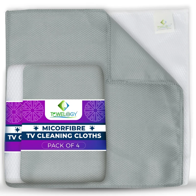 Towelogy® Microfibre TV Cleaning Cloth | Non Abrasive and Lint Free | Premium Screen Cleaner Cloths | Safe To Use On OLeds, LEDS and Flat Screens | Microfibre Cloths for TV Screens (Grey/White)
