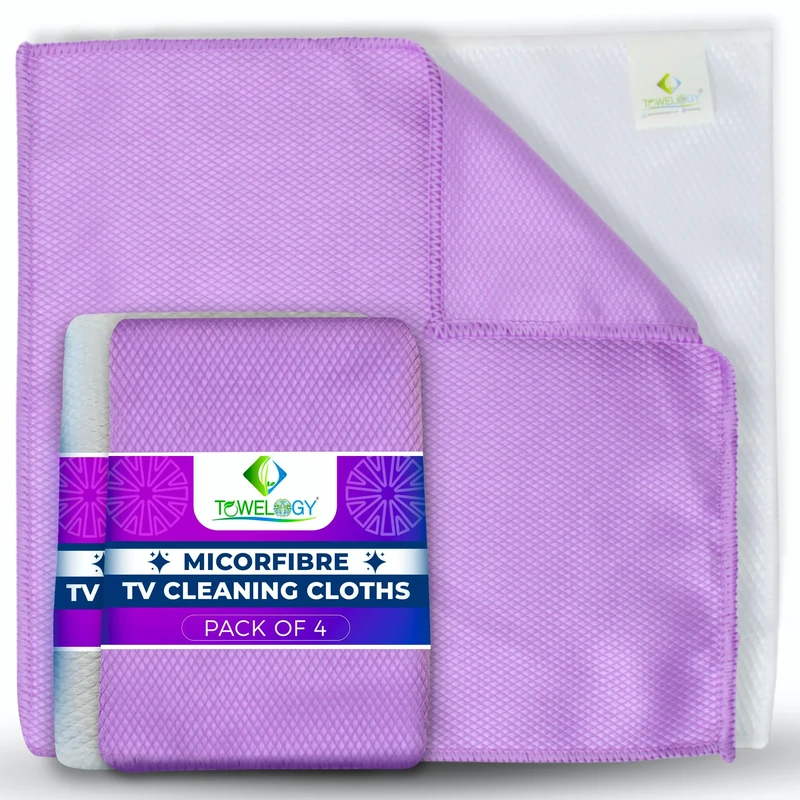 Towelogy® Microfibre TV Cleaning Cloth | Non Abrasive and Lint Free | Premium Screen Cleaner Cloths | Safe To Use On OLeds, LEDS and Flat Screens | Microfibre Cloths for TV Screens (Purple/White)