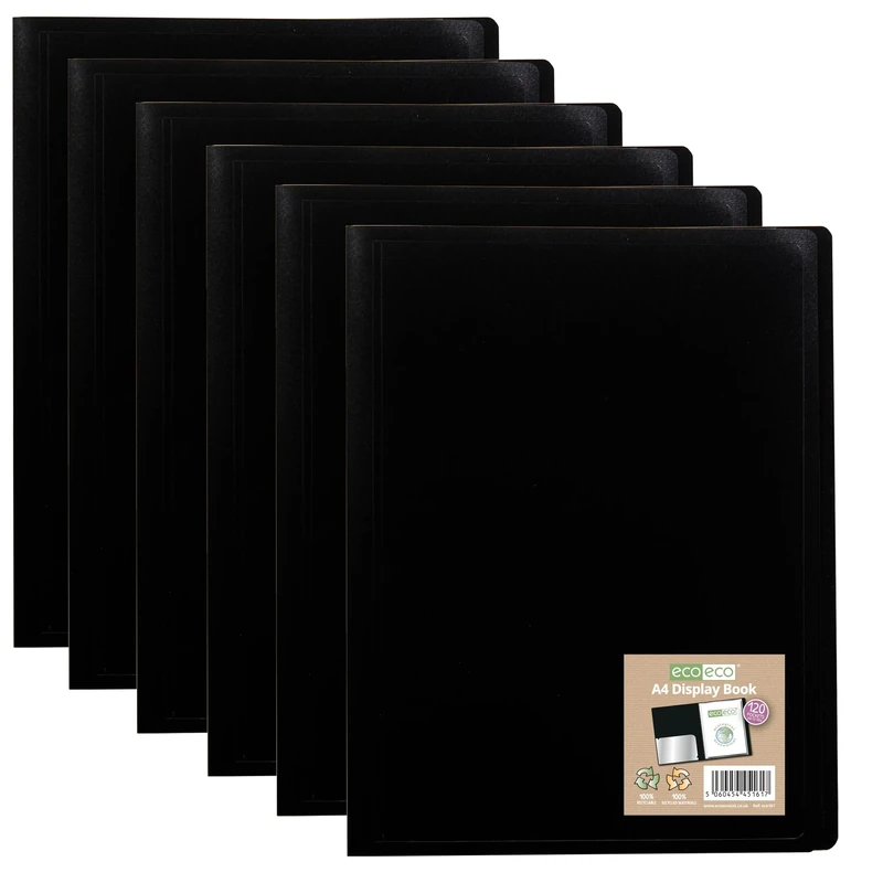 eco-eco A4 100% Recycled 120 Pocket Black Flexible Cover Portfolio Book Folder Display Book, Pack of 6 Books, eco161x6
