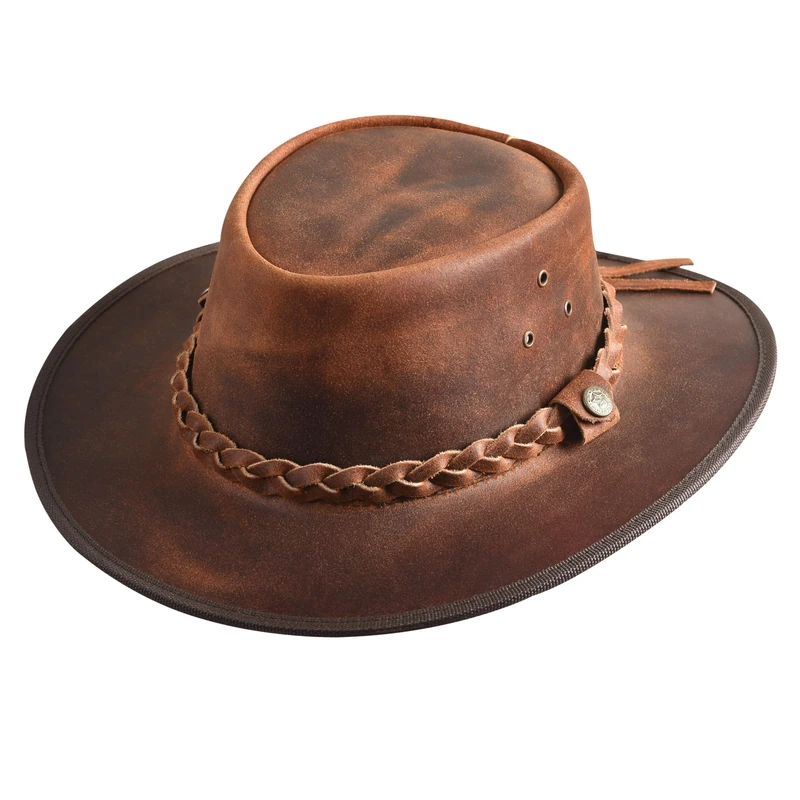 Austrailian Genuine Leather Western Style Cowboy Hat Wide Brim Real Leather Water Resistant Outback Vintage (UK, Alpha, M, Red)