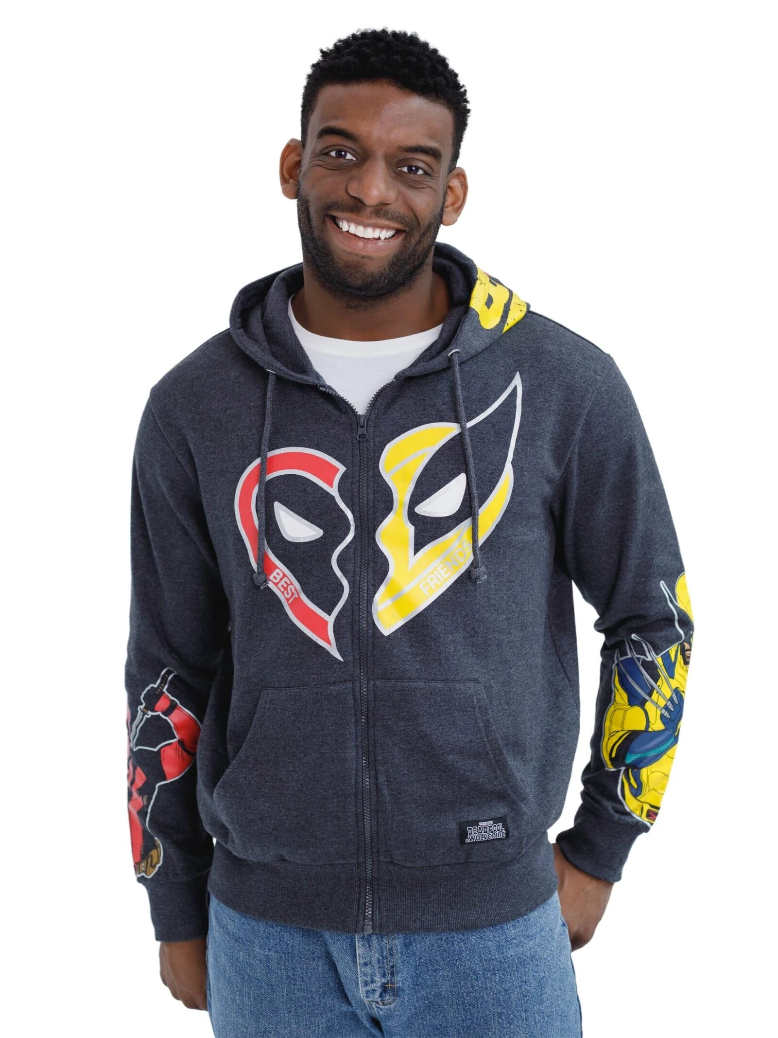 Marvel Deadpool & Wolverine Mens Fleece Zip Up Hoodie Charcoal Gray Small
