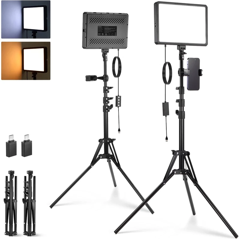 NEEWER BASICS 2 Pack LED Video Light Panel Lighting Kit with 2 59'' Stands & 2 Phone Holders, 850lx/0.5m Bi Color 2700K-6500K Dimmable Studio Light for Photography Filming Recording Live Stream, BP300