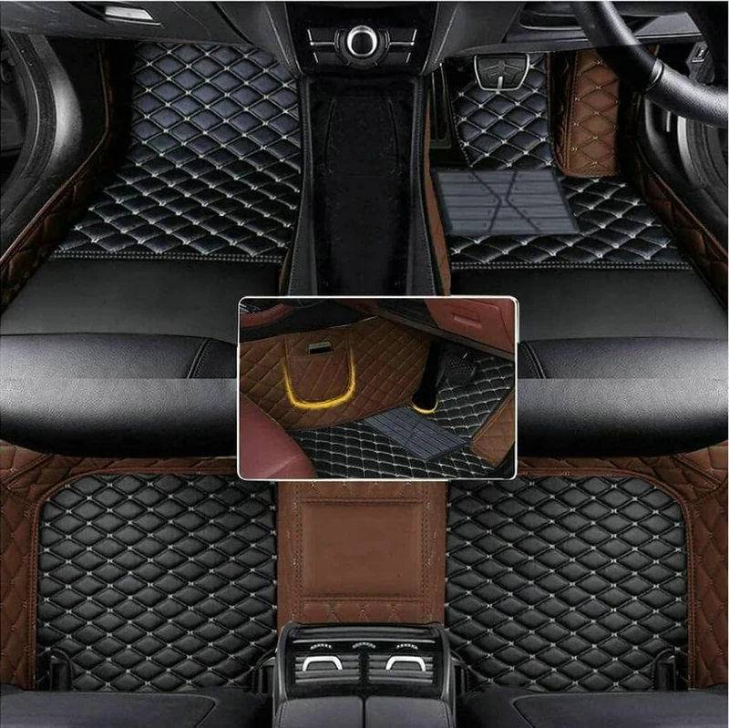 Aiducreaon Custom Made Right Hand Drive (RHD) Car Floor Mats Fit For 1st/2nd/3rd Row Vehicle All-Weather Protection Artificial Leather Material Non-Slip Carpet (Coffe & Black Beige)