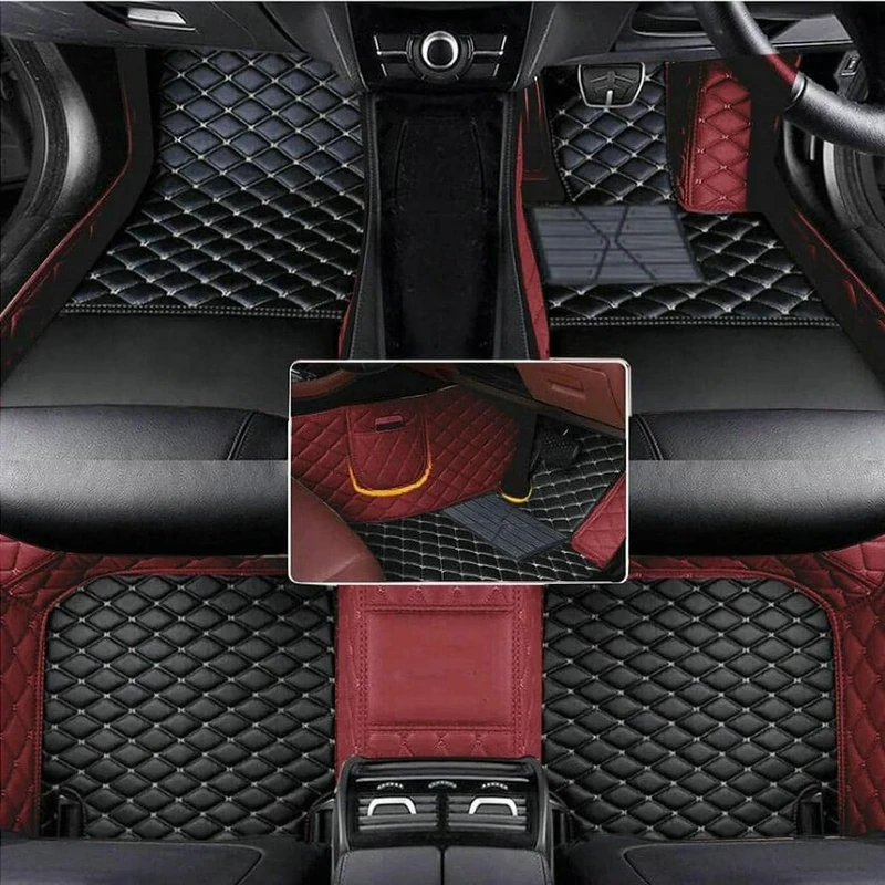 Aiducreaon Custom Made Right Hand Drive (RHD) Car Floor Mats Fit For 1st/2nd/3rd Row Vehicle All-Weather Protection Artificial Leather Material Non-Slip Carpet (Wine Red & Black Beige)