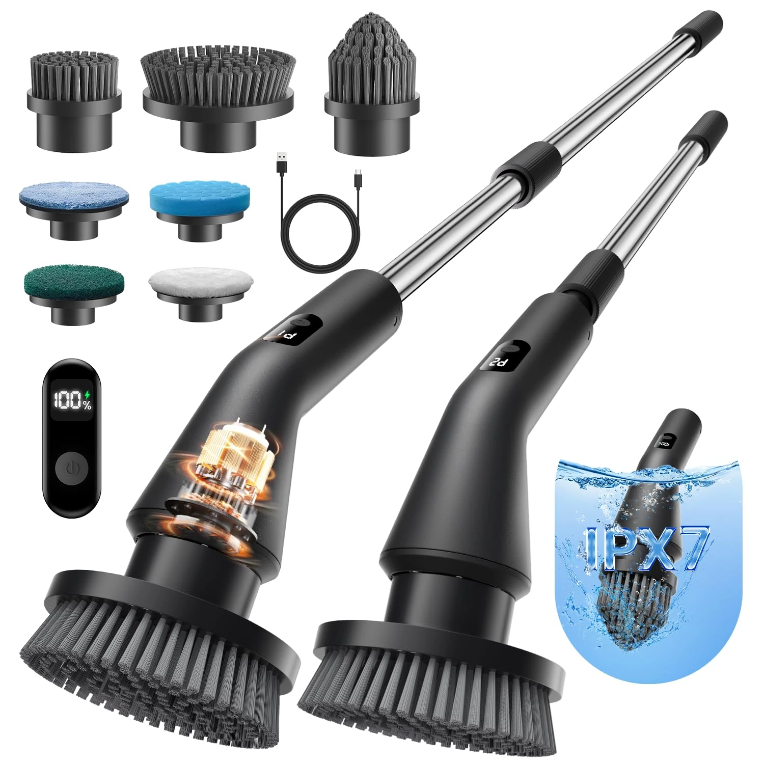 Leebein Electric Spin Scrubber, Upgraded Cordless Cleaning Brush Bathroom Scrubber, IPX7 Waterproof Shower Scrubber with 7 Brush Heads, Extendable Long Handle and 2 Speeds Scrubber for Bathtub Floor