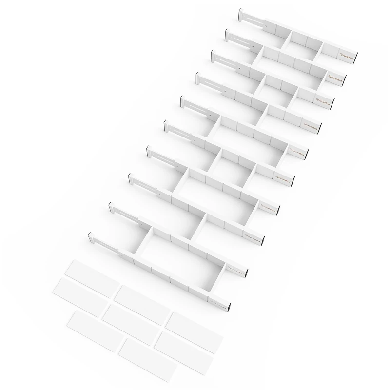 SpaceAid Bamboo Drawer Dividers with Inserts and Labels, Kitchen Adjustable Drawer Organizers, Expandable Organization for Home, Office, Dressers, 10 Dividers with 24 Inserts (17"-22" White)