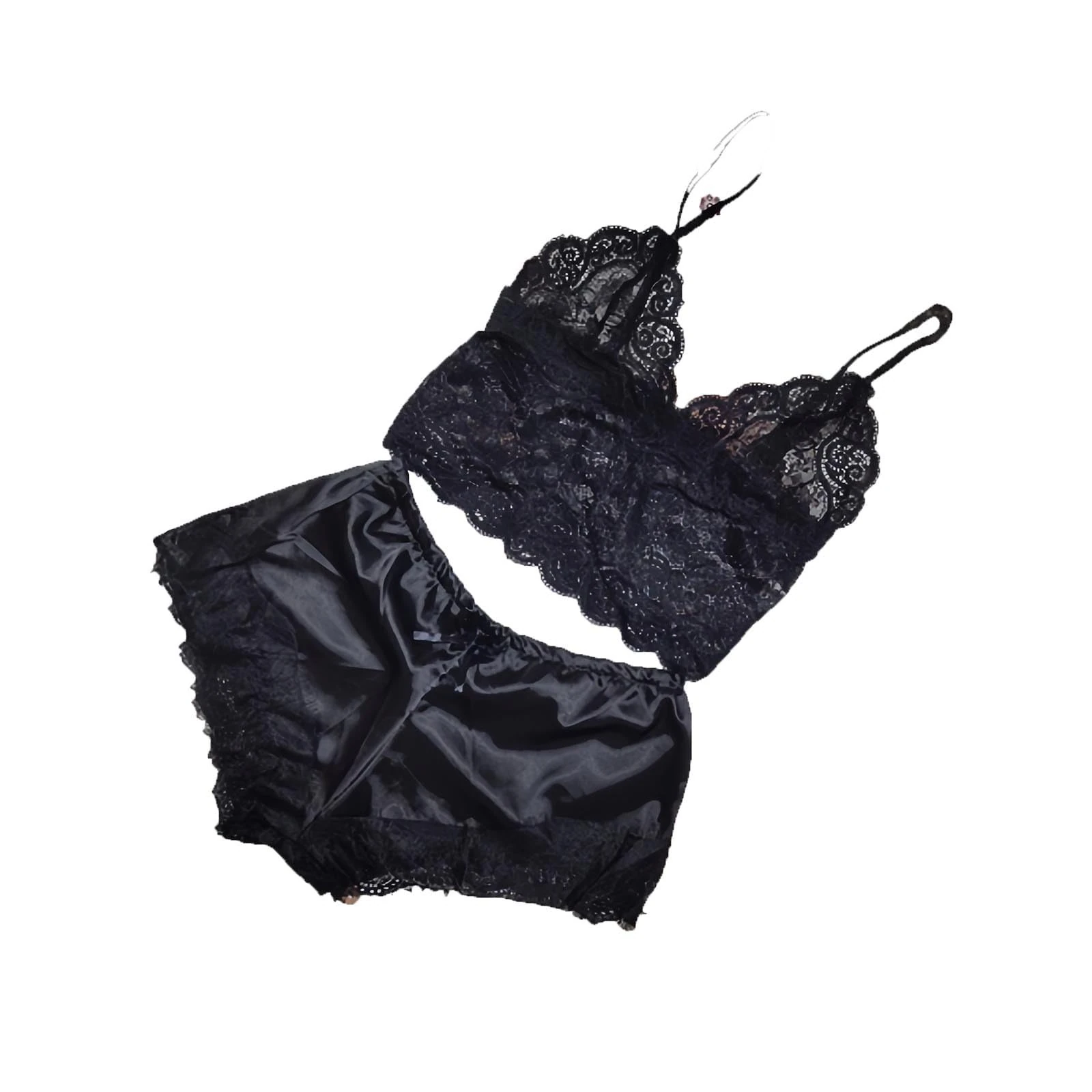 AnnSemo Lingerie Set for Women See Through Sheer Lace Bra Strappy Hollow out Nightwear Floral Embroidered Bralette Silk Panty Stain Shorts Eyelash Lacy Knickers Underwear outfits Set