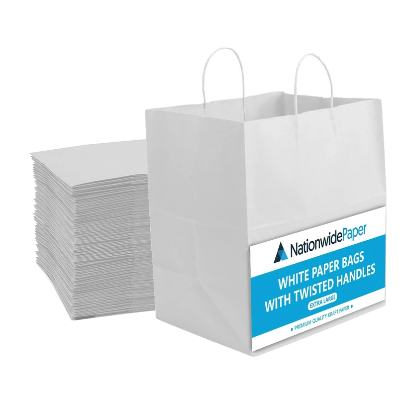 Nationwide Paper 300pc White Kraft Paper Bags, Shopping Bags with Strong Twisted Handles for Grocery Food Takeaway, Merchandise, Retail, Party Bags, Weddings Gift bag DIY (32x22x28cm)