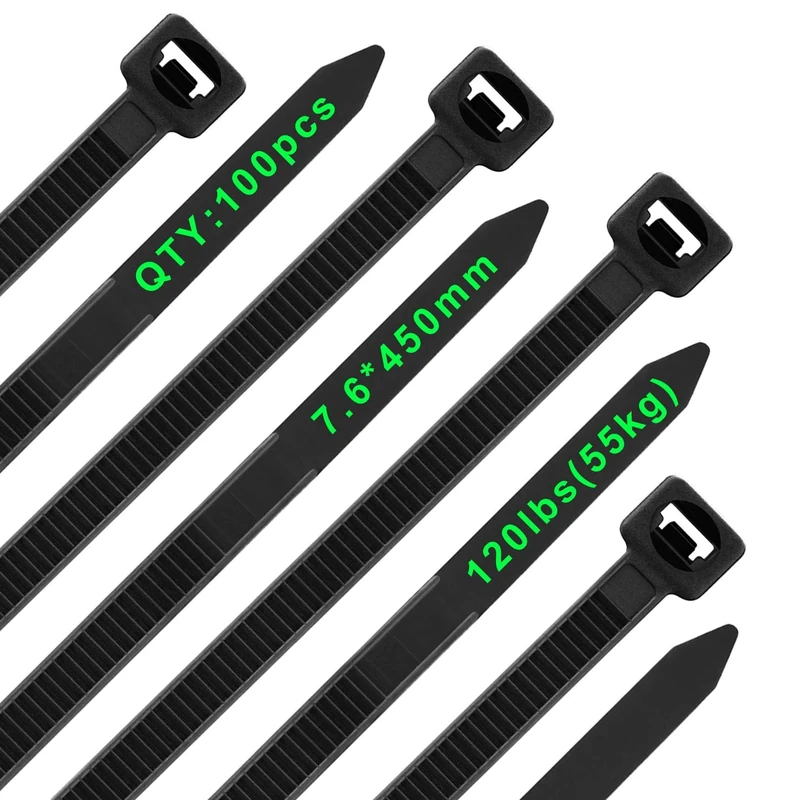Viuxule 100pcs Cable Ties Heavy Duty 120lbs, 18 inch Long Thick Zip Tie with UV Resistant, 450mm×7.6mm Black Strong Nylon Plastic Self Locking Tie Wraps for Workshop, Gardening, Indoor and Outdoor