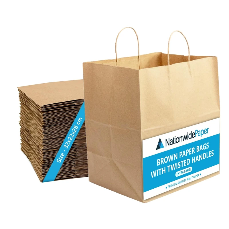 Nationwide Paper 300pc Brown Kraft Paper Bags, Shopping Bags with Strong Twisted Handles for Grocery Food Takeaway, Merchandise, Retail, Party Bags, Weddings Gift bag DIY (32x22x28cm)
