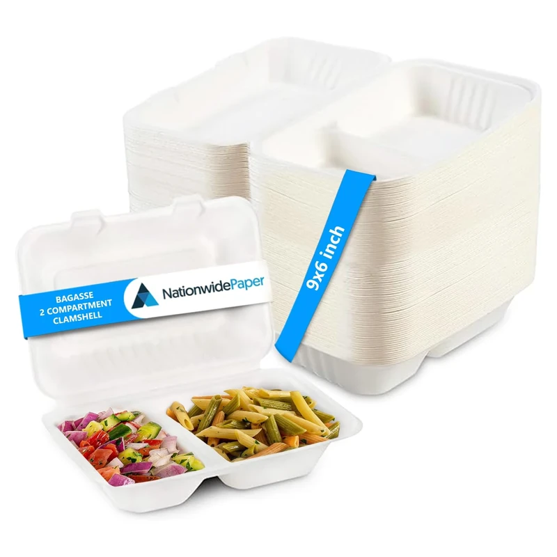 Nationwide Paper 2 Compartment Sugarcane Clamshell Takeaway Box 9x6 Inch, Eco-friendly Packaging - Pack of 200