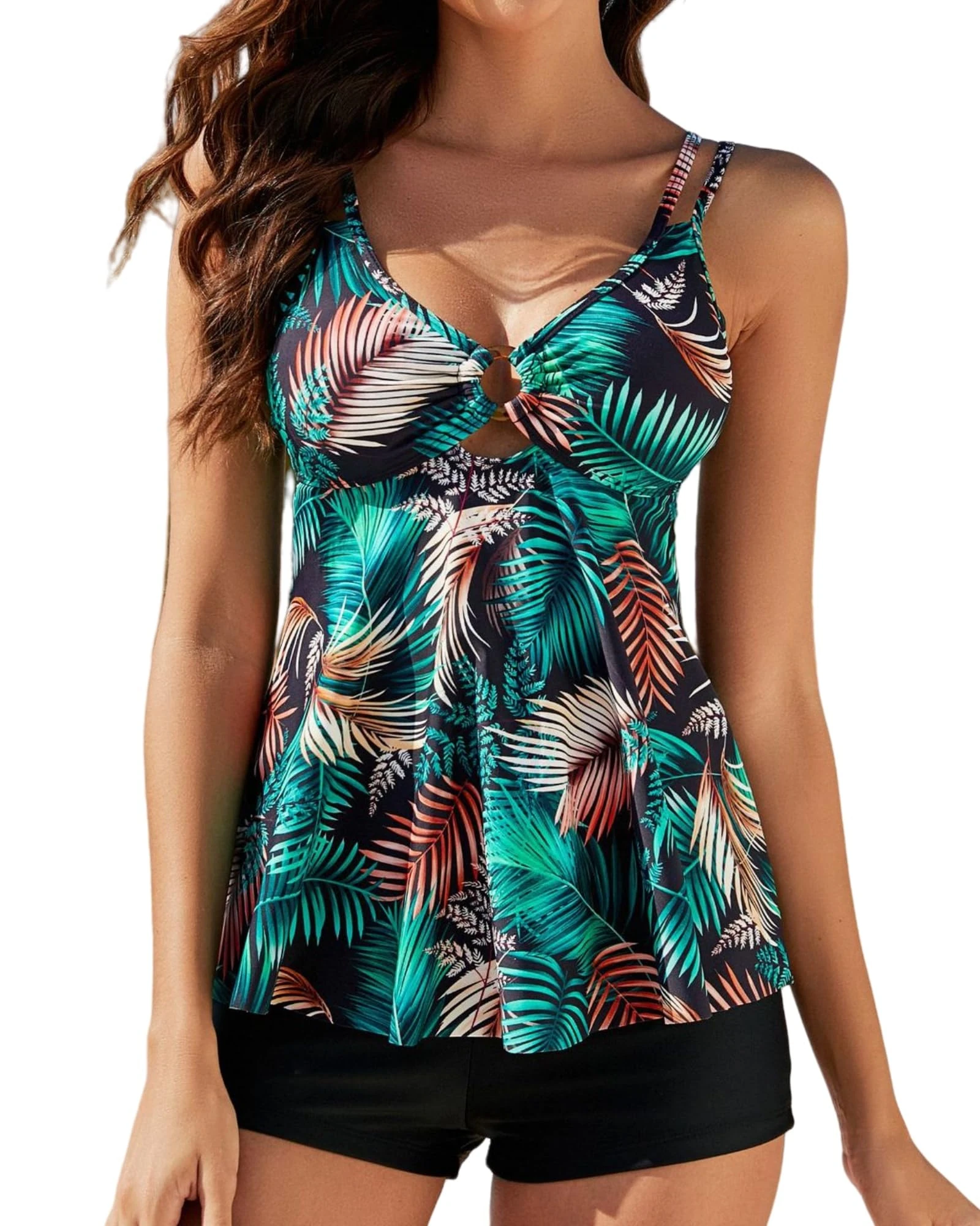 Asoodiy Tankini Sets 2 Piece Swimsuits Women Swim Top and Boyshorts Ladies Bathing Suit Tummy Control Swimming Costume Leaves Print M