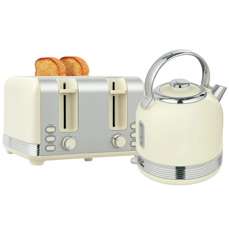 HOMCOM Stainless Steel Kettle and Toaster Set, 1.7L 3000W Cordless Fast Boil Kettle, 4 Slice Toaster Kitchen Set with 7 Level Browning Controls, Defrost, Reheat and Crumb Tray, Cream White