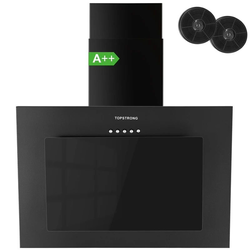 TopStrong Cooker Hood 60cm, Class A++ Extractor Fan Kitchen with Carbon Filters, Wall Mounted Extractor Hood with Recirculating & Ducting System, 3 Speed Black Painting & Tempered Glass, LED Lights