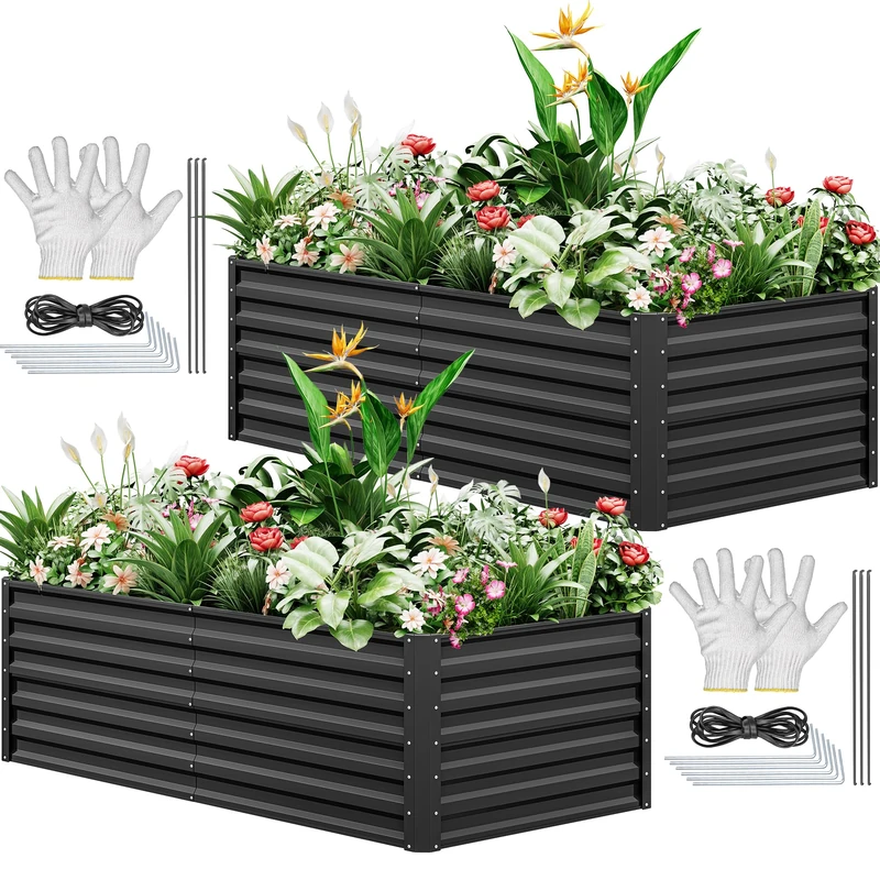 YITAHOME 2Pcs Outdoor Raised Garden Bed Kit 180x90x60cm, Raised Beds Thickened Zinc-Aluminum-Magnesium Metal Raised Beds for Garden with Support Rod & Gloves for Vegetables Flowers Fruits (Black)
