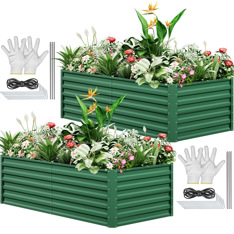 YITAHOME 2Pcs Outdoor Raised Garden Bed Kit 180x90x60cm, Raised Beds Thickened Zinc-Aluminum-Magnesium Metal Raised Beds for Garden with Support Rod & Gloves for Vegetables Flowers Fruits (Green)