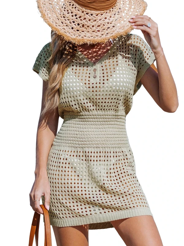 CUPSHE Women's Crochet Cover Up Swim Beach Button Short Sleeve Mini Dress Beachwear Khaki M