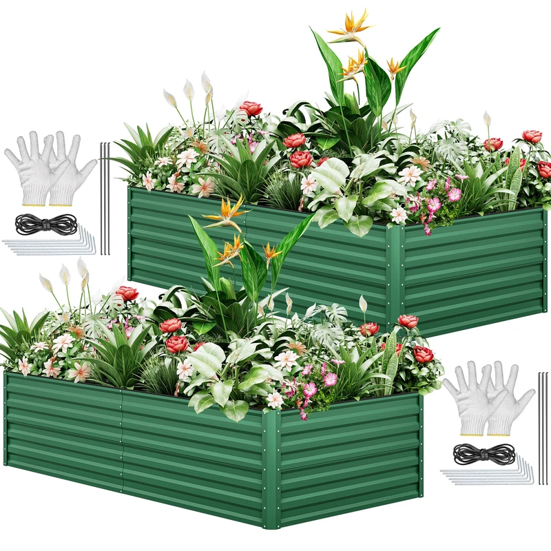 YITAHOME 2Pcs Outdoor Raised Garden Bed Kit 240x120x58cm, Raised Beds Thickened Zinc-Aluminum-Magnesium Metal Raised Beds for Garden with Support Rod & Gloves for Vegetables Flowers Fruits (Green)