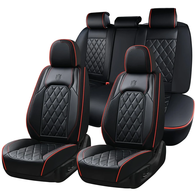 Coverado Car Seat Covers Full Set, Luxury Faux Leather Waterproof Seat Covers, Black Car Seat Covers, Universal Car Seat Protector Leather Car Seat Cushion, Carseat Cover Fit Most Cars, Black&Red