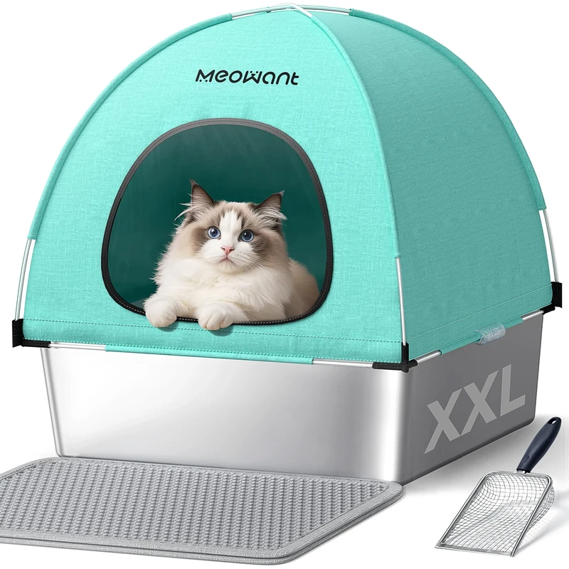 Meowant Stainless Steel Litter Box with Lid, Square Enclosed Metal Litter Box with Removable High Sided Oxford Fabric Tent & Metal Scoop& Mat, Anti-Leakage, Non-Sticky, Easy Cleaning