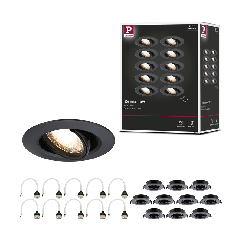 Paulmann 92117 recessed luminaire 10-Pack swivelling Round 90mm 30° GU10 max. 10x10W 230V Black recessed lamp – luminaire lamp not Included