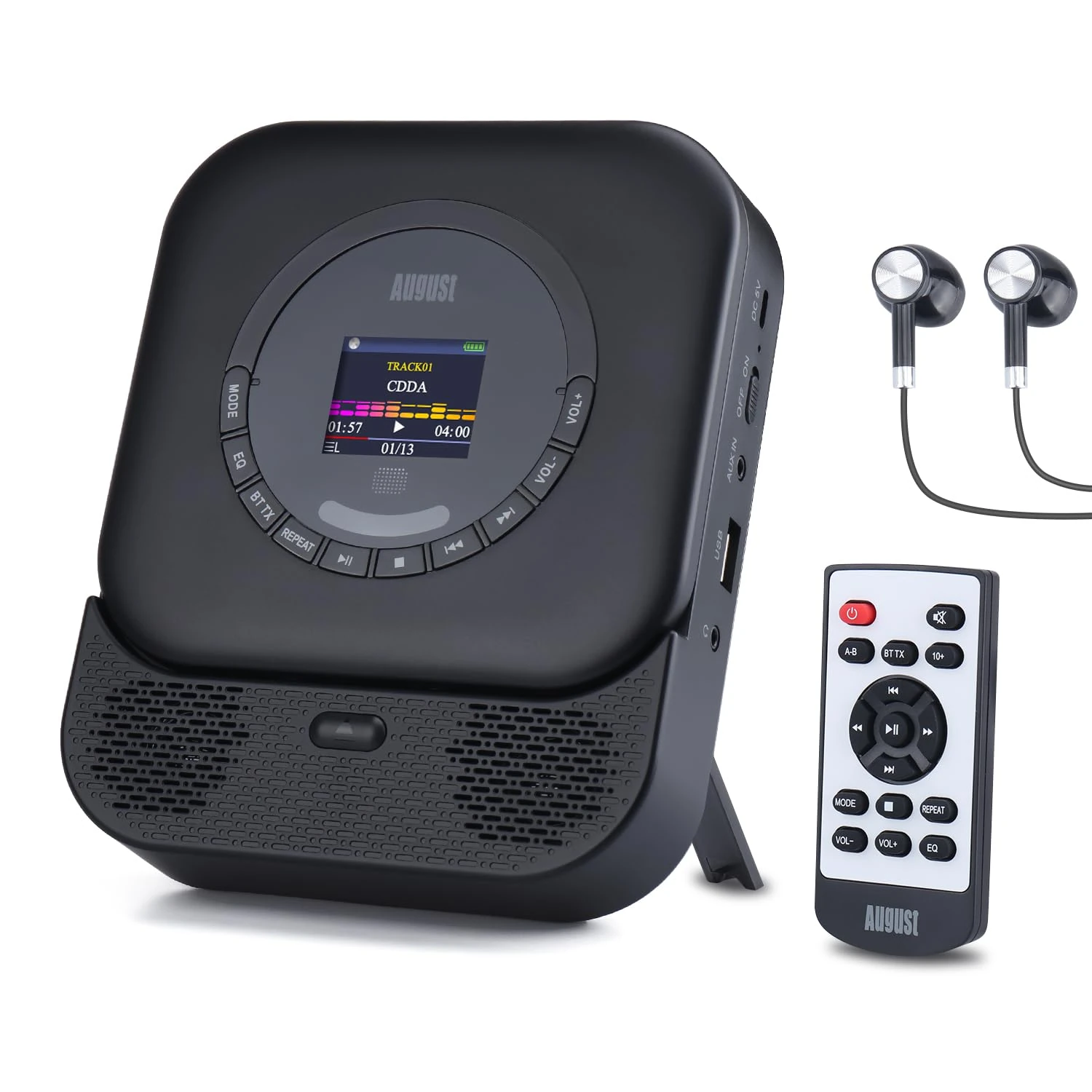 August SE15B Portable CD Player for Home, Car & Travel - Bluetooth 5.3, USB Port, 3.5mm AUX In/Out, 6W Stereo Speakers – Wall-Mountable Rechargeable Discman with Earphones & Remote, EQ, Anti-Skip
