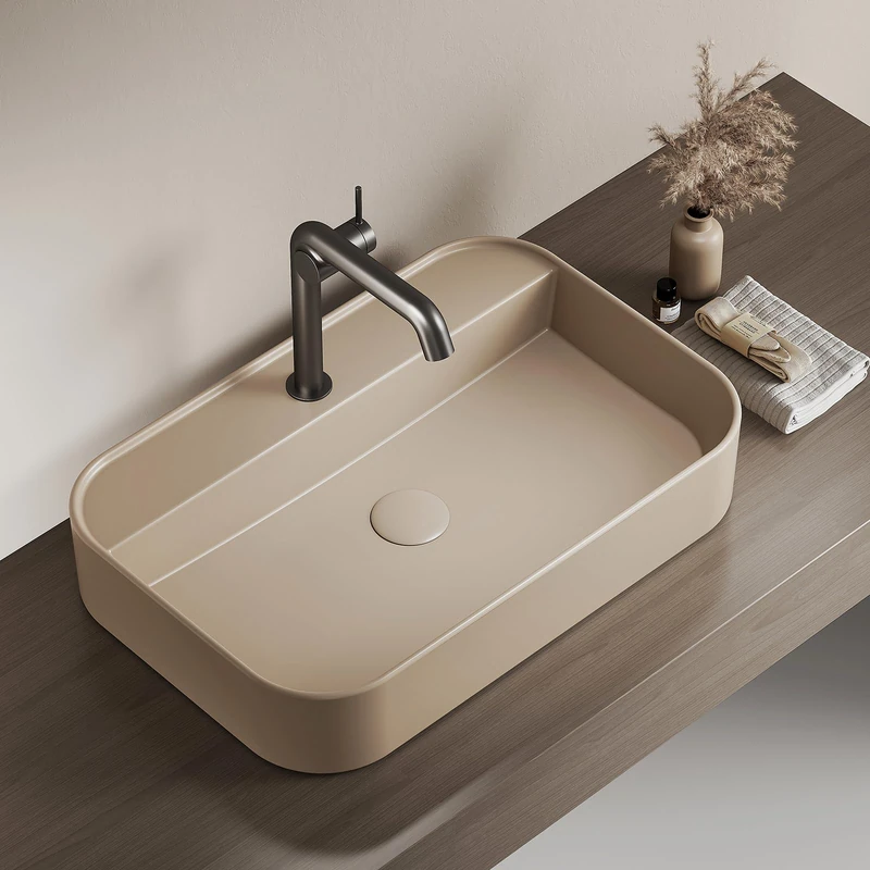 EMKE Rectangular Ceramic Sink for Bathroom and Guest Toilet – 60 × 40 × 11 cm, Matte Beige