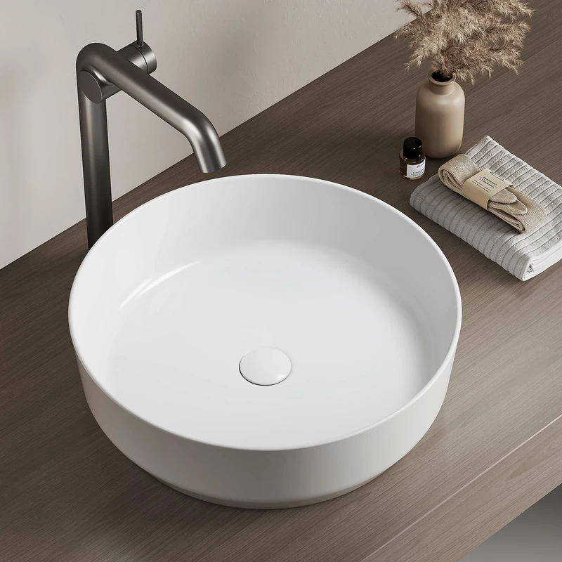 EMKE Washbasin, Round Ceramic Washbasin, 39 x 39 x 12 cm, Countertop Installation, Bright White, Ideal for Bathrooms and Guest Toilets