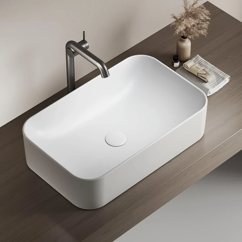 EMKE Rectangular Support Washbasin 61 × 38 × 15 cm, Toilet Basin, Ceramic Sink for Bathrooms, Matte White