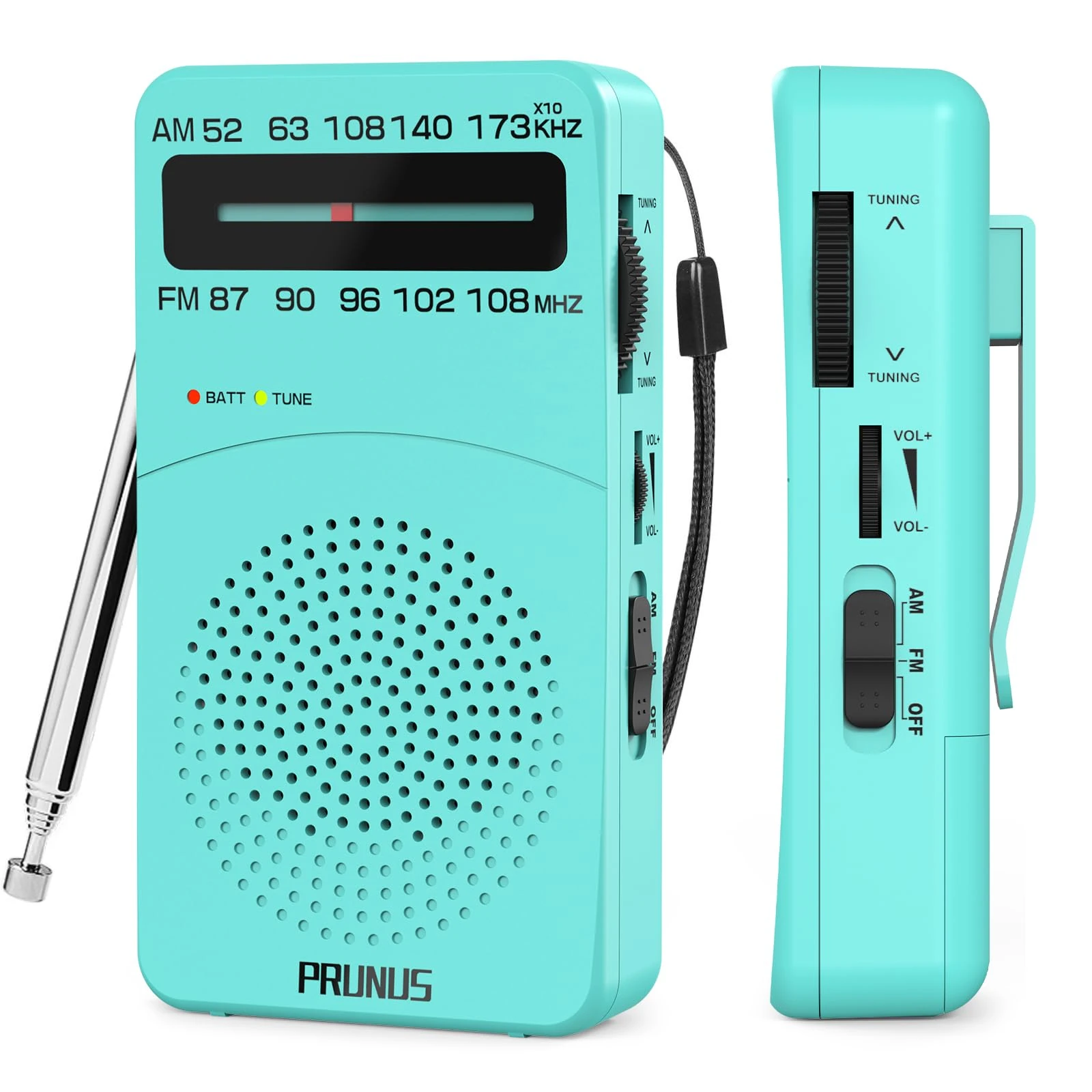 PRUNUS J-166 Portable Radio Battery Operated, AM FM Radios Pocket, Small Radio Transistor with Tuning Light, Back Clip, Excellent Reception for Outdoor & Indoor & Emergencies（Blue）