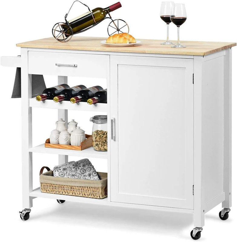 FANTASK Wooden Kitchen Trolley on Wheels, Wine Rack & Towel Rack, Kitchen Island with Drawers, Serving Trolley with Worktop
