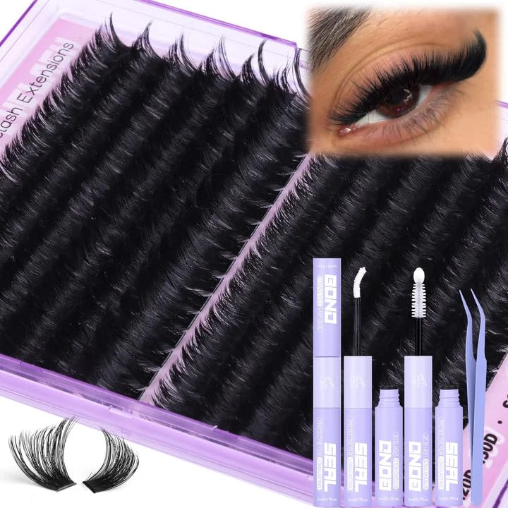 Lash Clusters Kit 14-20MM Long Eyelash Extension Kit 192Pcs Thick Volume DIY Lash Extensions Kit Fluffy Cluster Lashes D Curl Individual Lashes Kit 120D+150D Cluster Eyelash Extensions Kit