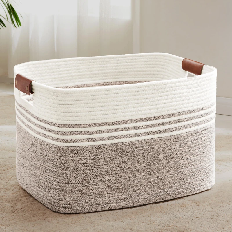 SunNewt 86L Large Woven Laundry Basket Hamper with Leather Handles,Brown