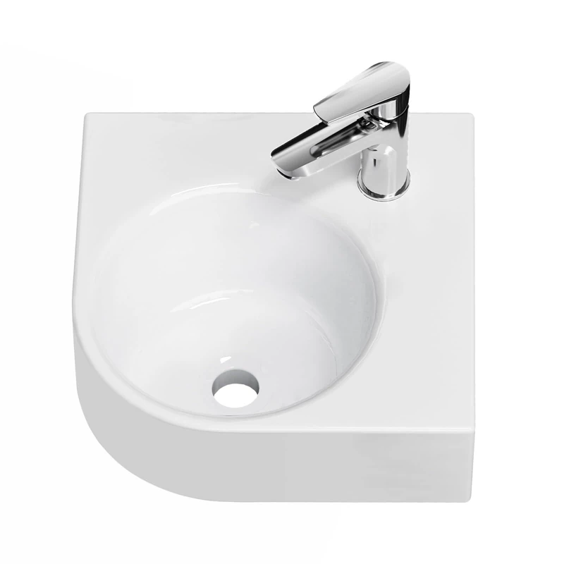 EMKE Washbasin 44 x 38.5 x 15.5 cm, Small Triangular Basin for Overlaying, Wall Installation, Suspended Sink for Guest Toilet and Bathroom, Glossy White