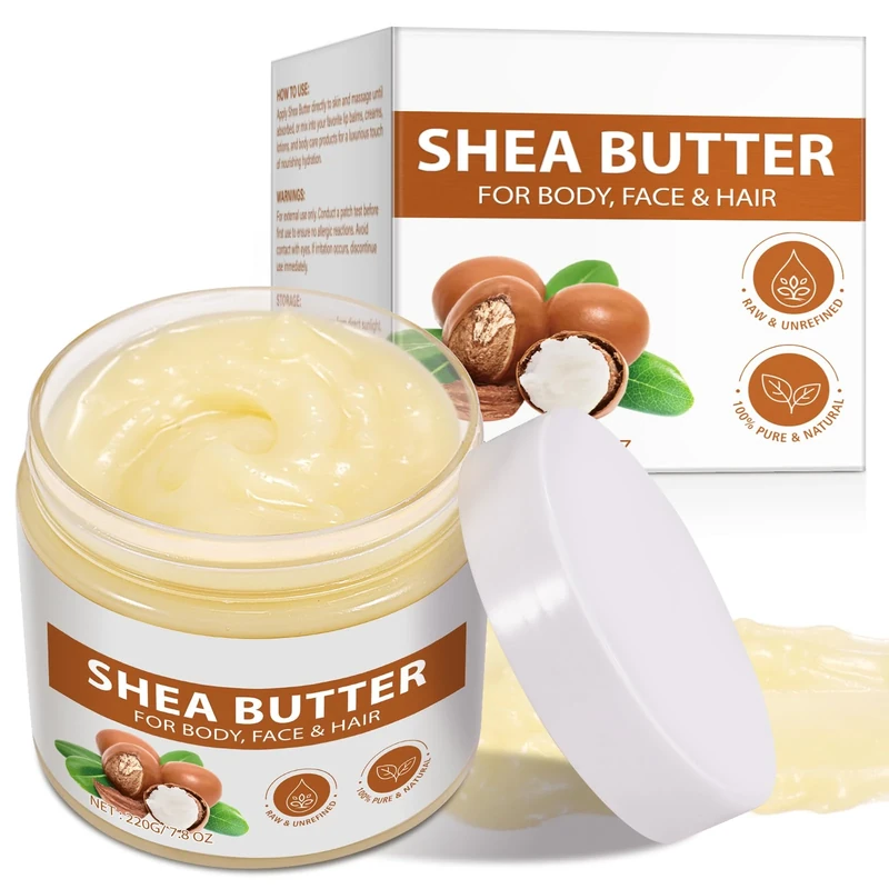 Shea Butter Organic, 220g - Pure Natural Unrefined Shea Butter Raw Organic Body Butter for Dry Skin Care, Enriched with Vitamin A & F, Deeply Nourishes, Soothes, and Softens Long Lasting Hydration