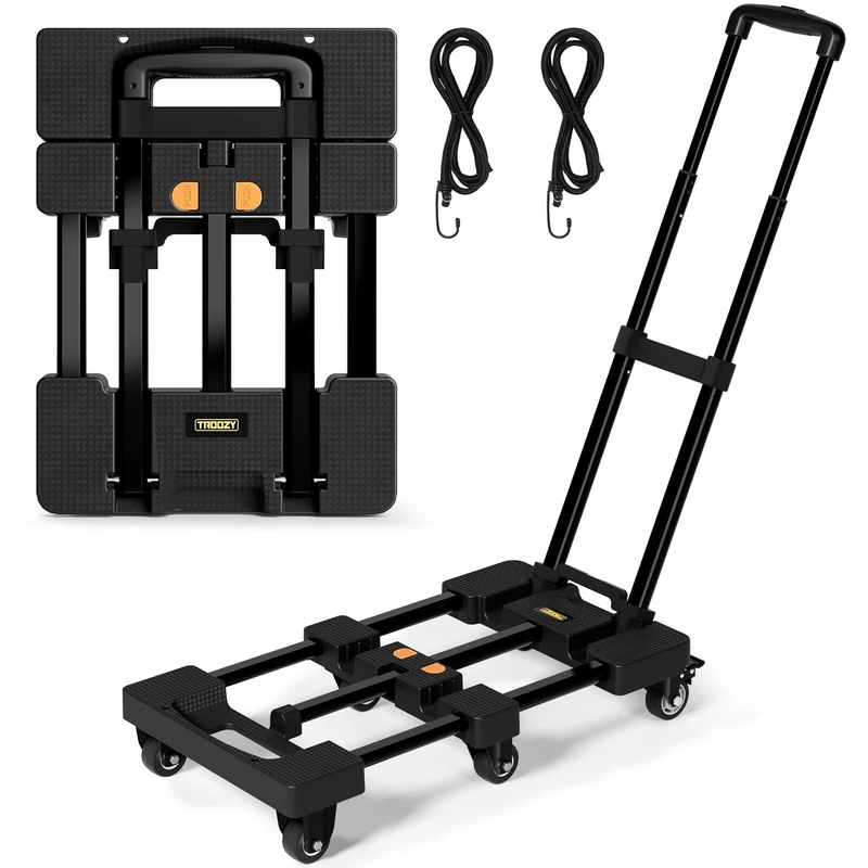 Troozy Folding Sack Truck with Brakes, Transport Trolley 226 kg, Folding Sack Truck with 4 Universal Wheels, Platform Trolley, Extendable, Transport Trolley with Adjustable Drawbar, 2 Ropes, Black