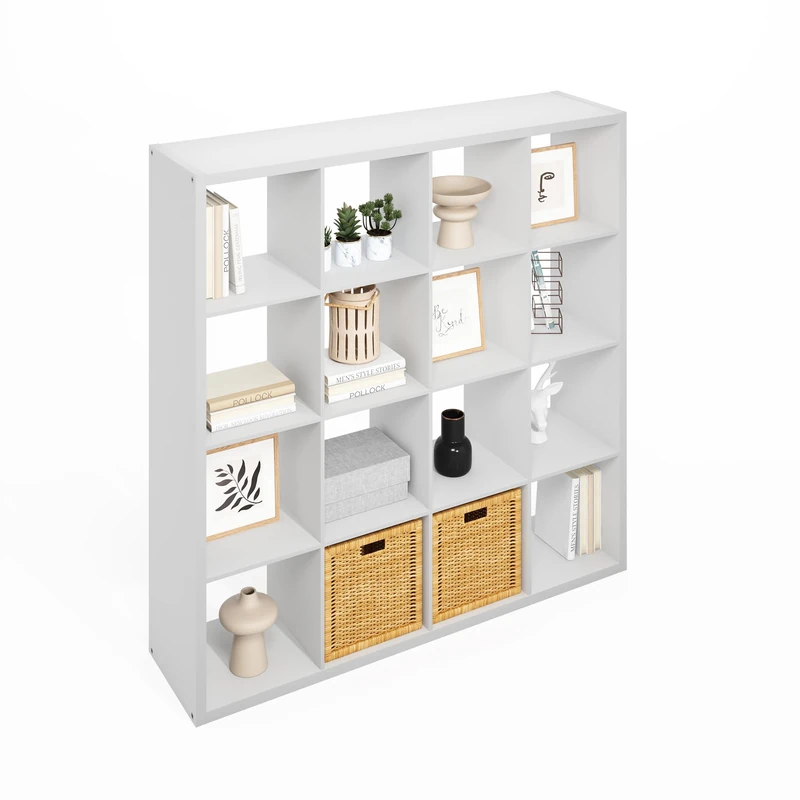 Furinno SIMPLE Cube Storage Organizer, 16-Cube Display Shelf, Open Back Shelving Unit, Storage Shelves, Extra Thick Frame, for Organization and Storage, Living Room, Home Office, White
