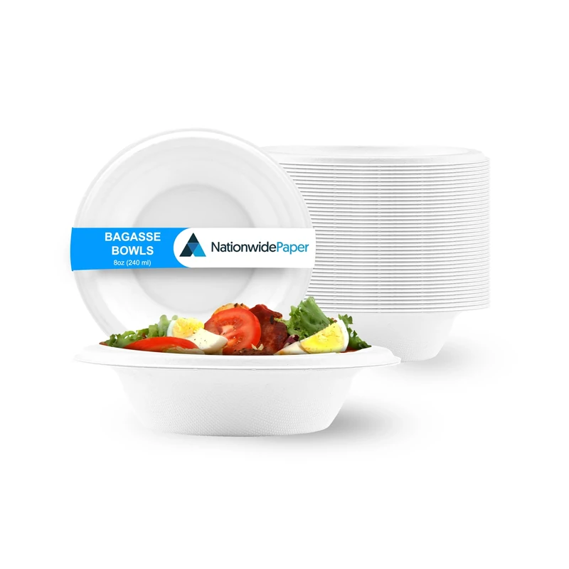 Nationwide Paper Disposable Compostable Bagasse Bowls for Party, Eco Friendly Tableware Bowls, 8oz (235ml) - Pack of 1000, White