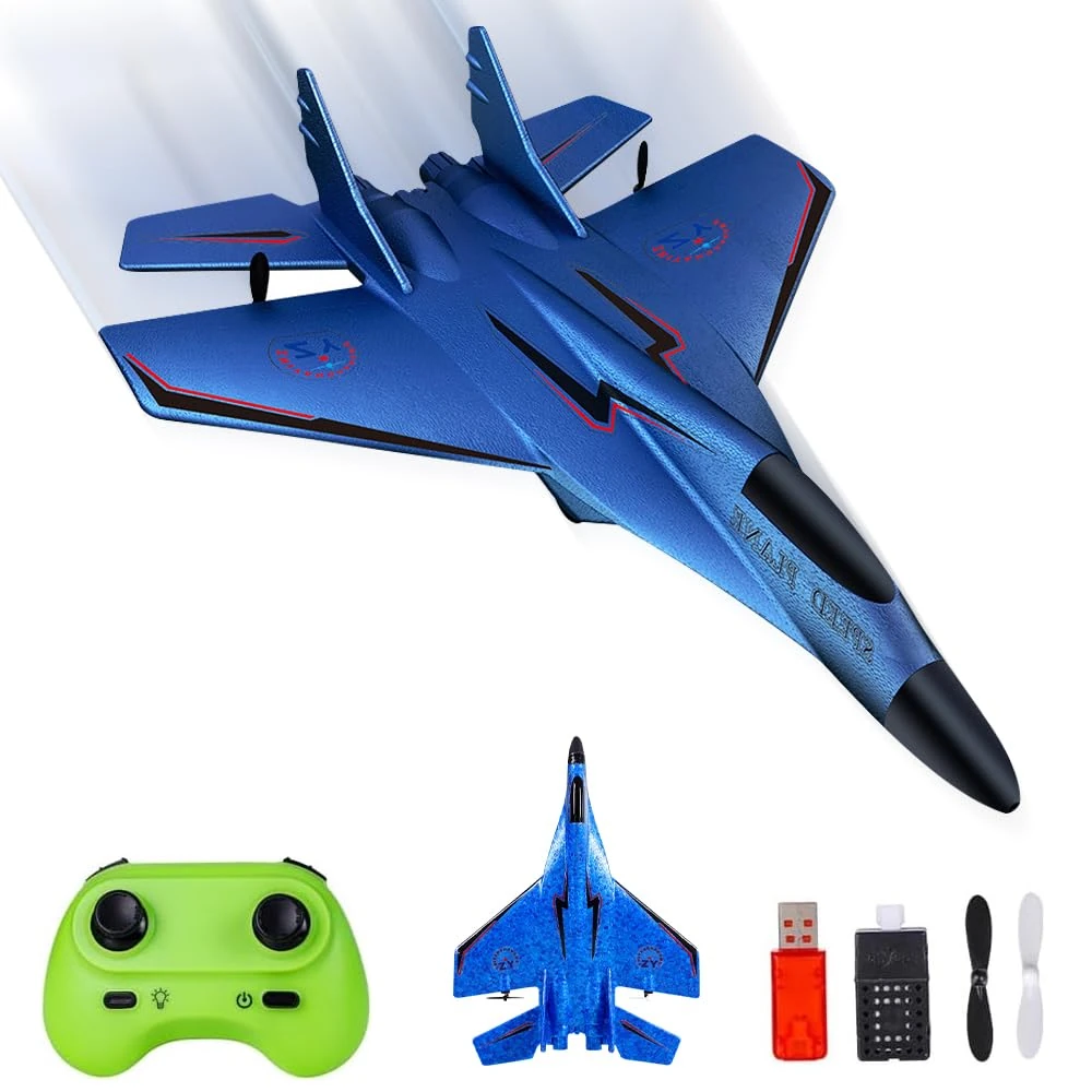 KBIBCK Remote Control Plane, RC Plane Ready to Fly, Remote Control Wireless Airplane Toy, RC Planes 2CH 2.4Ghz RC Planes with LED Lights, Remotes Control Airplanes for Kids Beginners Adult (Blue)